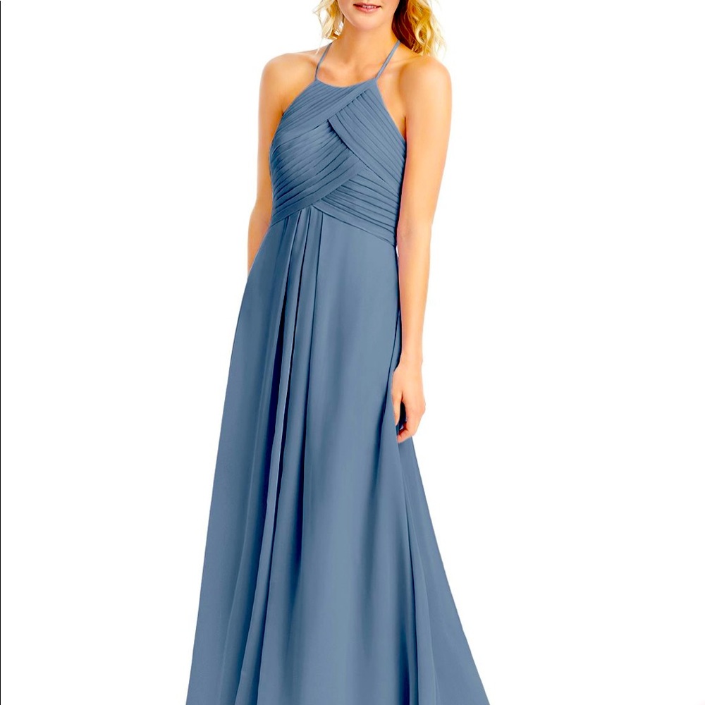 Azazie Full Length Long Dress Criss Cross Chiffon Halter Dusty Blue